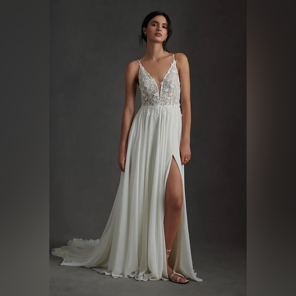 BHLDN Jenny by Jenny Yoo Kelsey Chiffon & Lace V-Neck A-Line Wedding Gown